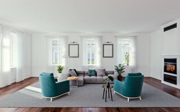 maqueta de sala de estar de diseño interior moderno con grandes ventanales, paneles de pared de madera y chimenea, renderizado 3d - modular home fotografías e imágenes de stock