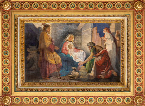 Rome - The ceiling fresco of Adoration of shepherds in the church Chiesa del Sacro Cuore di Gesù by Virginio Monti.