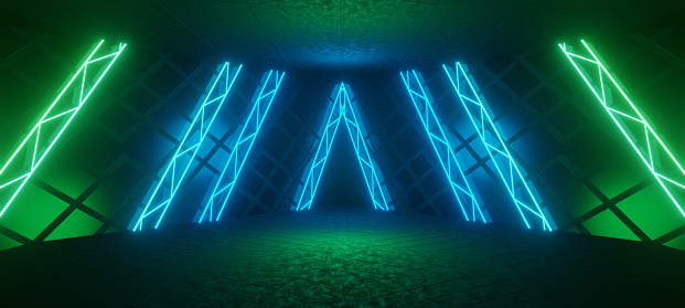 3d render, green blue neon light, abstract modern background, glowing arrows lines, laser rays, fashion stage, vibrant colors, empty room, tunnel, corridor, night club