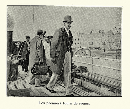 Vintage illustration Passengers on deck of a cross channel ferry from Boulogne to London, late 19th Century.  La Comedie-Francaise, A Londres
