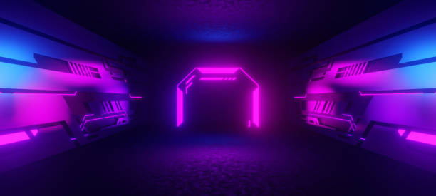 istock Futuristic Technology Cyber Background Alien Spaceship Room Tunnel Corridor Cutting Edge Laser Glowing with Midnight Blue Colors Modern Room Technology Background Digital Futurism Concept 3D Rendering 1366489821