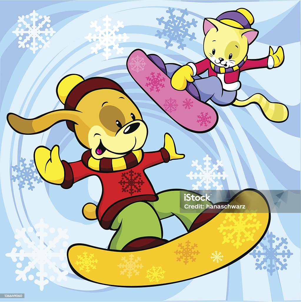 Gatto e cane con lo snowboard - arte vettoriale royalty-free di Animale