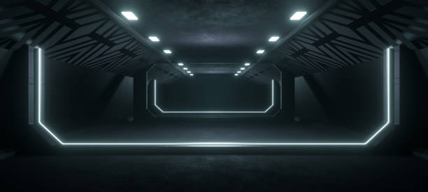 istock Abstract Futuristic dark corridor interior design. Future tunnel with light background. Spaceship sci-fi concept.3D rendering. 1366490724