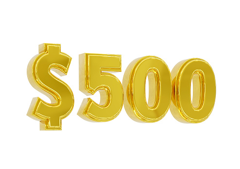 golden 500 dollar price symbol isolated on white background. 3d rendering