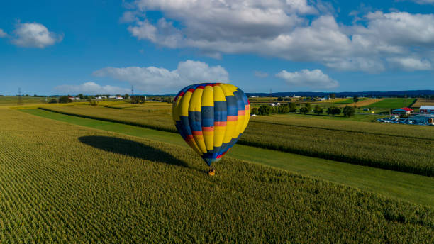 istock Single Hot Air Balloon Flying Just Over Corn Fields During a Balloon Festival 1366494056