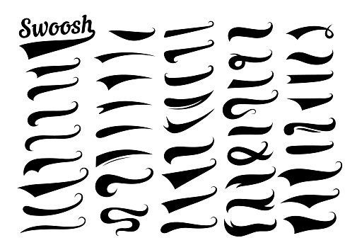 Swooshes text tails for baseball design. Sports swash underline shapes set in retro style. Swish typography font elements for athletics, baseball, football decoration. Black swirl vector line.