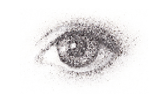 Halftone effect realistic human eye. Dotted vector illustration