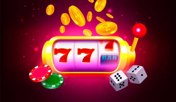 istock Casino banner vector illustration. Slot machine, dice, coins, chips on dark red and purple background 1366498884