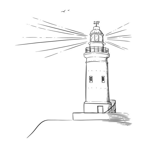 illustrations, cliparts, dessins animés et icônes de croquis de phare. balise avec un faisceau lumineux. illustration vectorielle - sea storm lighthouse rough