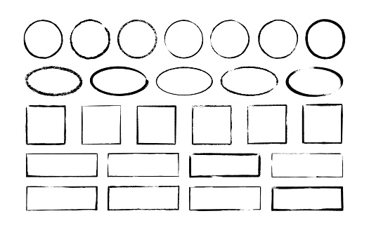 Ink oval, circle and rectangle frames. Grunge empty black boxes set. Ellipse and square borders collections. Rubber stamp imprint. Hand drawn vector illustration isolated on white background.