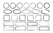 istock Ink oval, circle and rectangle frames. Grunge empty black boxes set. Ellipse and square borders collections. Rubber stamp imprint. Hand drawn vector illustration isolated on white background 1366498933