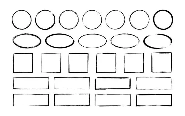Vector illustration of Ink oval, circle and rectangle frames. Grunge empty black boxes set. Ellipse and square borders collections. Rubber stamp imprint. Hand drawn vector illustration isolated on white background