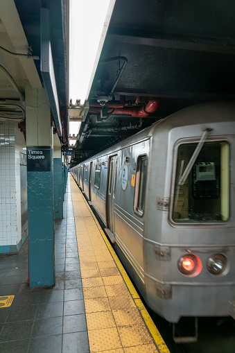 Manhattan, New York, USA - March 2024. Subway car in a station at Bowling Green, New York City, USA.
