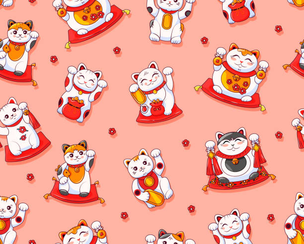 Cute Maneki Neko Japanese cat seamless pattern. Cute Maneki Neko Japanese cat seamless pattern. Symbol of luck and wealth. Suitable for printing on paper and fabric. Vector cartoon background. money cat stock illustrations