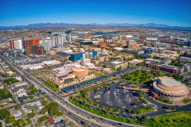 Aerial View of a large Public University in the Phoenix Suburb of Tempe, Arizona Aerial View of a large Public University in the Phoenix Suburb of Tempe, Arizona mesa arizona stock pictures, royalty-free photos & images