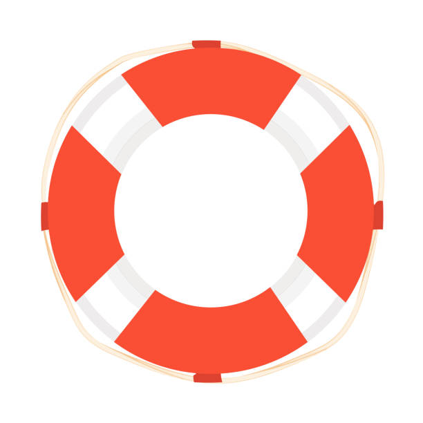 라이프 부표, 흰색 배경에 고립 된 만화 스타일의 빨간색과 흰색 색상의 밧줄과 생명의 은인. 바다에서 생명을 구합니다. 여름 방학, 물 보안에 대한 구조 원. 벡터 일러스트레이션 - life belt water floating on water buoy stock illustrations