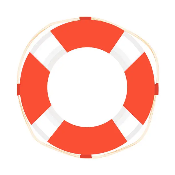 Vector illustration of Lifebuoy, lifesaver with rope in red and white color in cartoon style isolated on white background. Life saving at sea. Rescue circle for summer vacation, water security. Vector illustration