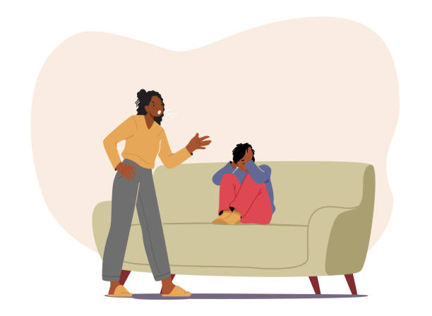 ilustrações de stock, clip art, desenhos animados e ícones de angry african mother character scold son who closing ears with hands sit on couch. offended stubborn boy ignore mom - mãe filho conversa
