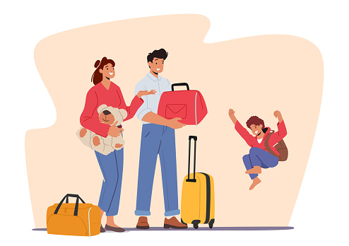 Happy Family Characters Father, Mother and Child with Suitcases and Bags Going for Vacation or Prepare to Visit Grandparents. Joyful Boy Jumping and Laughing. Cartoon People Vector Illustration