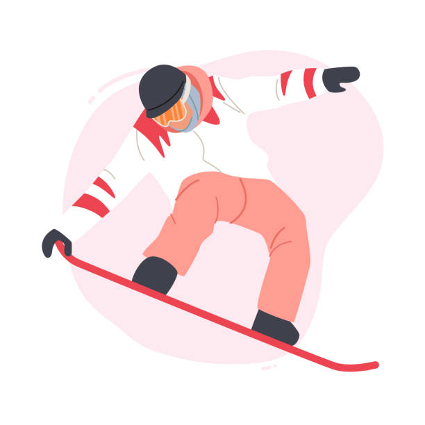 illustrazioni stock, clip art, cartoni animati e icone di tendenza di intrattenimento di attività di viaggio. happy girl riding snowboard by snow slopes durante le vacanze invernali della stagione - snowboarding snowboard skiing ski