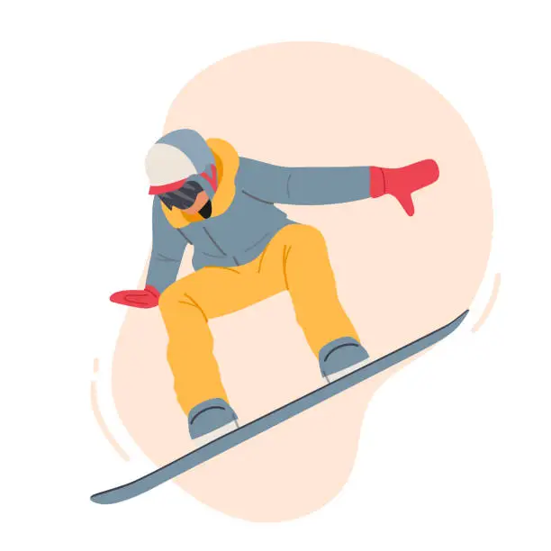 Vector illustration of Wintertime Activity and Extreme Outdoors Snowboarding Sport. Young Woman in Warm Sportive Costume Making Jumping Stunt