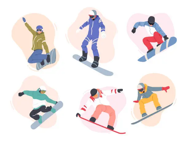 Vector illustration of Set of Adult People Dressed in Winter Clothing Snowboarding. Male Female Snowboard Riders Having Fun at Winter Resort