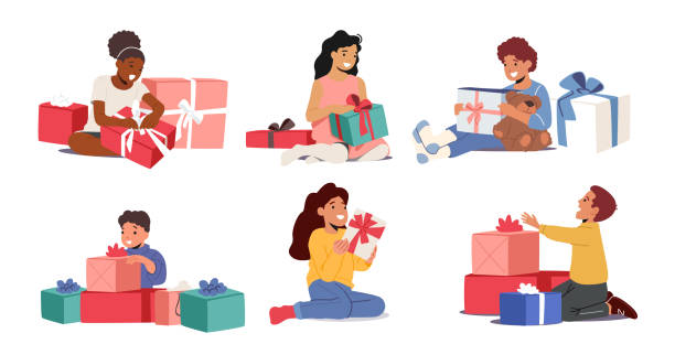 Set of Kids Holding, Opening, Getting Christmas, New Year, Birthday Presents. Children with Gifts on White Background Set of Kids Holding, Opening, Getting Christmas, New Year, Birthday Presents. Children with Gifts Isolated on White Background. Boys and Girls Characters with Boxes. Cartoon People Vector Illustration open source clip art stock illustrations