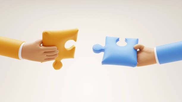 3D Render of Hands Business Puffy Puzzle Pieces stock photo