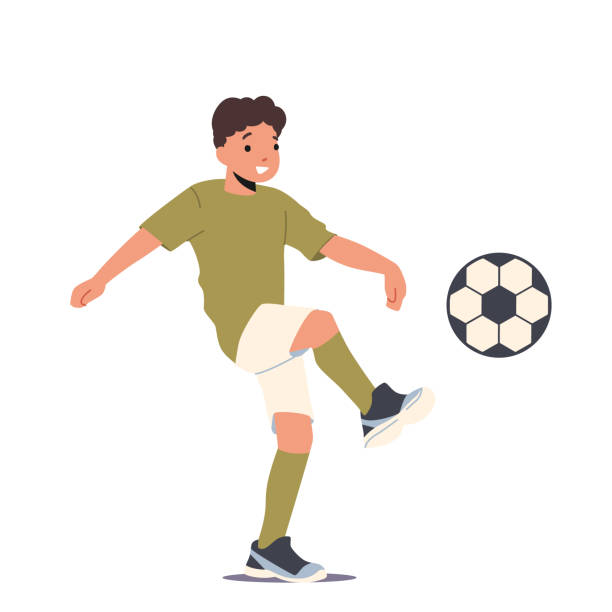 ilustraciones, imágenes clip art, dibujos animados e iconos de stock de niño jugando con pelota de fútbol, entrenamiento deportivo para niños, entrenamiento deportivo para niños felices, práctica de actividad de estilo de vida saludable - soccer kicking ball the