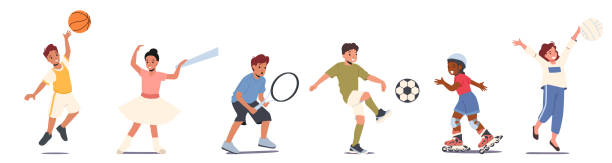 set von kindersportaktivitäten. kinder mädchen und jungen charaktere basketball, ballett, tennis, fußball und rollschuhlaufen - tennis racket ball isolated stock-grafiken, -clipart, -cartoons und -symbole