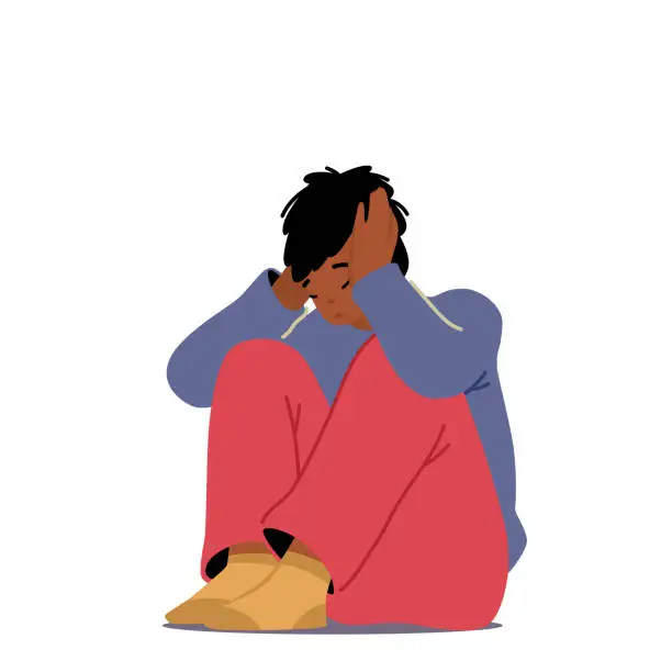 Vector illustration of Family Problems, Abuse, Bullying Concept. Little Child Character Sit on Floor Crying with Covered Ears. Depressed Boy