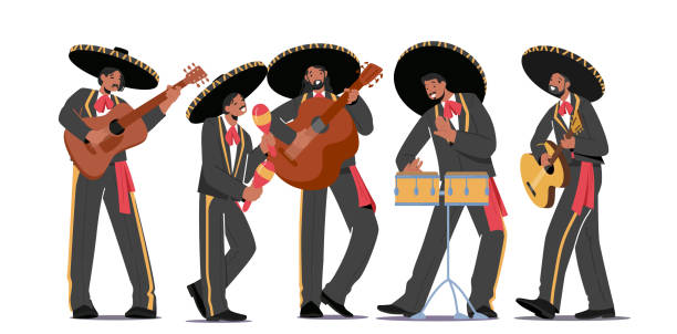 illustrations, cliparts, dessins animés et icônes de mariachi mexican musicians band carnival performance. personnages jouant de la guitare, de la batterie et des instruments maracas - hat band