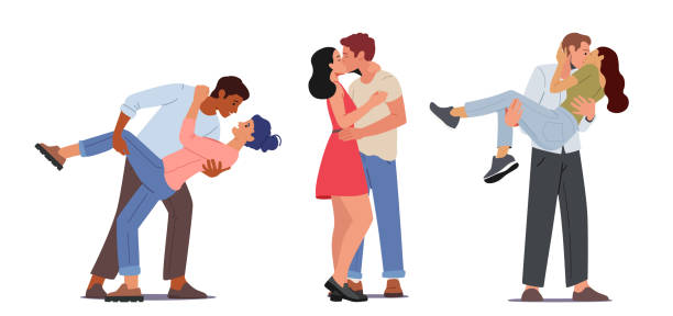 ilustraciones, imágenes clip art, dibujos animados e iconos de stock de conjunto de parejas amorosas felices besándose, hombres y mujeres personajes pasan tiempo juntos abrazándose y regocijándose con sus parejas - blowing men kissing blowing a kiss