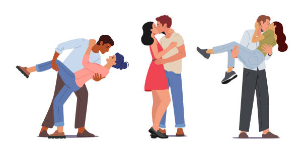 ilustrações de stock, clip art, desenhos animados e ícones de set of happy loving couple kissing, men and women characters spend time together hugging and rejoice with partners - couple