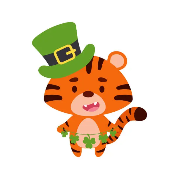 Vector illustration of Cute tiger in St. Patrick's Day leprechaun hat holds shamrocks. Irish holiday folklore theme. Cartoon design for cards, decor, shirt, invitation. Vector stock illustration.