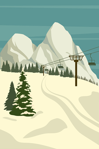 Vintage Mountain winter resort Alps with sci lift. Snow landscape peaks, slopes. Travel retro poster, vector illustration flat style