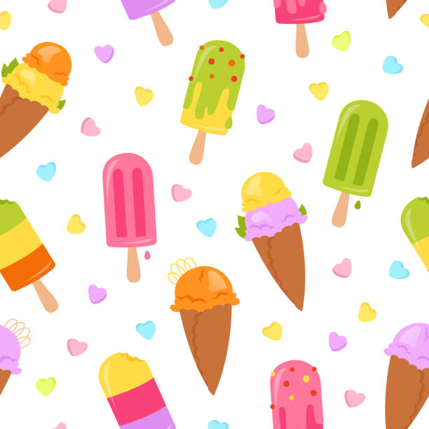 ilustrações, clipart, desenhos animados e ícones de papel de parede de desenho animado de sorvete padrão perfeitamente cone baunilha kawaii repetir tamanho de papel ornamento vetor - flavored ice lollipop candy affectionate