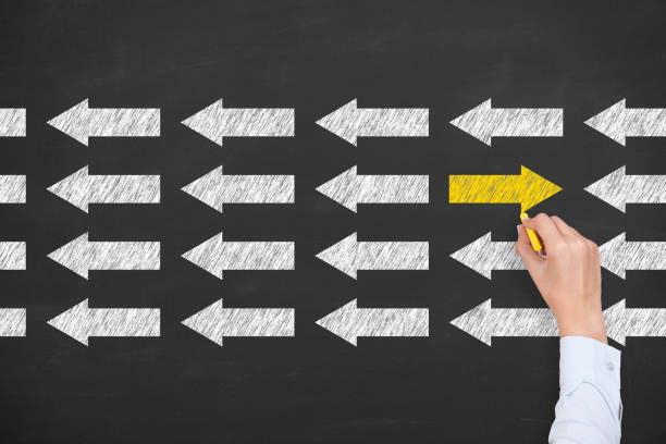 istock Going Your Own Way with Arrows Symbol on Blackboard Background 1366507892