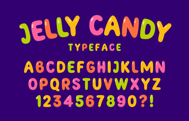 Jelly candy font. Multicolored vector uppercase alphabet and numbers isolated on dark background Jelly candy font. Multicolored vector uppercase alphabet and numbers isolated on dark background. RGB. Global colors jellybean stock illustrations
