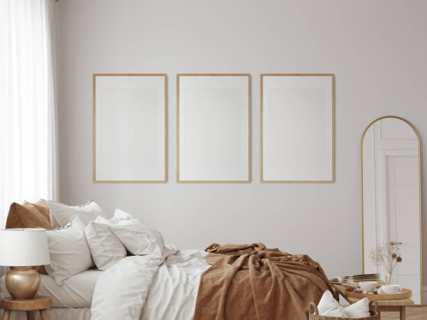istock Eco Friendly interior style. Bedroom room. Frame mockup. Poster mockup. 3d rendering, 3d illustration 1366509072