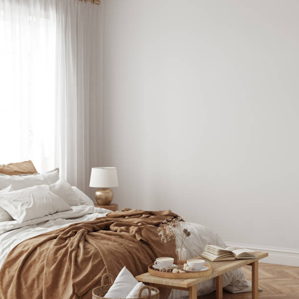 istock Eco Friendly interior style. Bedroom room. Wall mockup. Wall art. 3d rendering, 3d illustration 1366509132