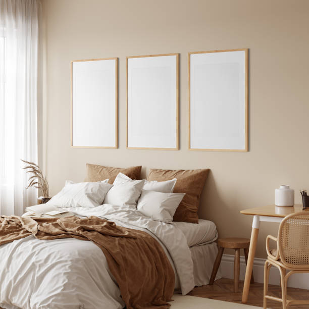 istock Eco Friendly interior style. Bedroom room. Frame mockup. Poster mockup. 3d rendering, 3d illustration 1366511159