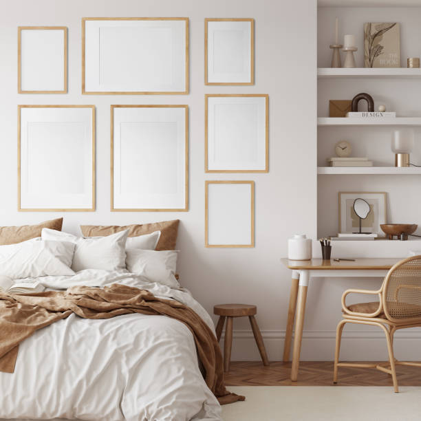 istock Eco Friendly interior style. Bedroom room. Frame mockup. Poster mockup. 3d rendering, 3d illustration 1366511179