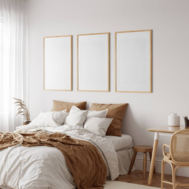 istock Eco Friendly interior style. Bedroom room. Frame mockup. Poster mockup. 3d rendering, 3d illustration 1366511230