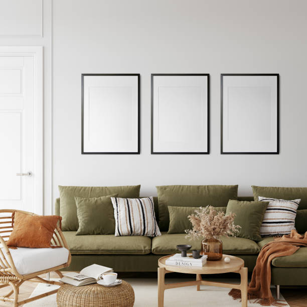 Eco Friendly interior style. living room. Frame mockup. Poster mockup. 3d rendering, 3d illustration