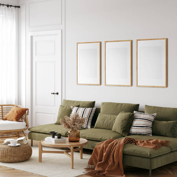 istock Eco Friendly interior style. living room. Frame mockup. Poster mockup. 3d rendering, 3d illustration 1366511787