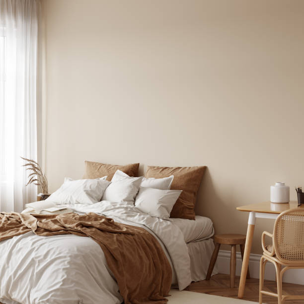 istock Eco Friendly interior style. Bedroom room. Wall mockup. Wall art. 3d rendering, 3d illustration 1366511905