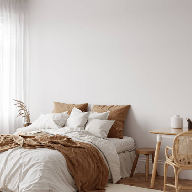 Eco Friendly interior style. Bedroom room. Wall mockup. Wall art. 3d rendering, 3d illustration Perfect for Branding your creation or business. Frame & Wall mockup interior good to use for shop owners, artists, creative people,
bloggers, who want to advertise or show their latest design! bed decoration stock pictures, royalty-free photos & images