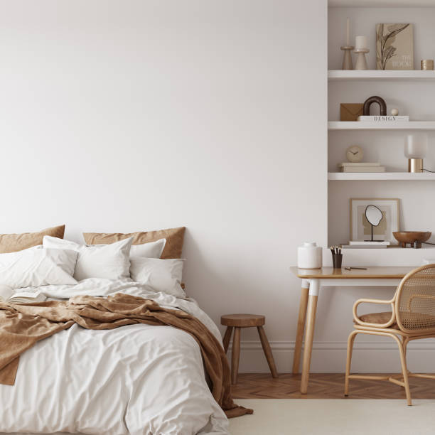 istock Eco Friendly interior style. Bedroom room. Wall mockup. Wall art. 3d rendering, 3d illustration 1366511913