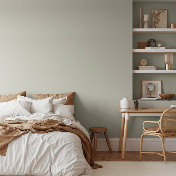istock Eco Friendly interior style. Bedroom room. Wall mockup. Wall art. 3d rendering, 3d illustration 1366511921